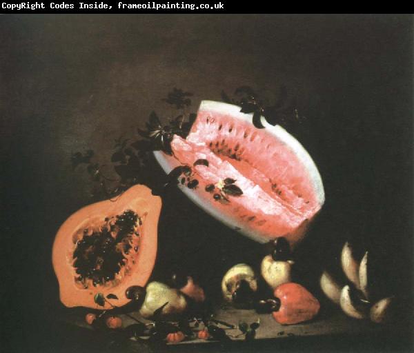 Mota, Jose de la still life of papaya,watermelon and cashew